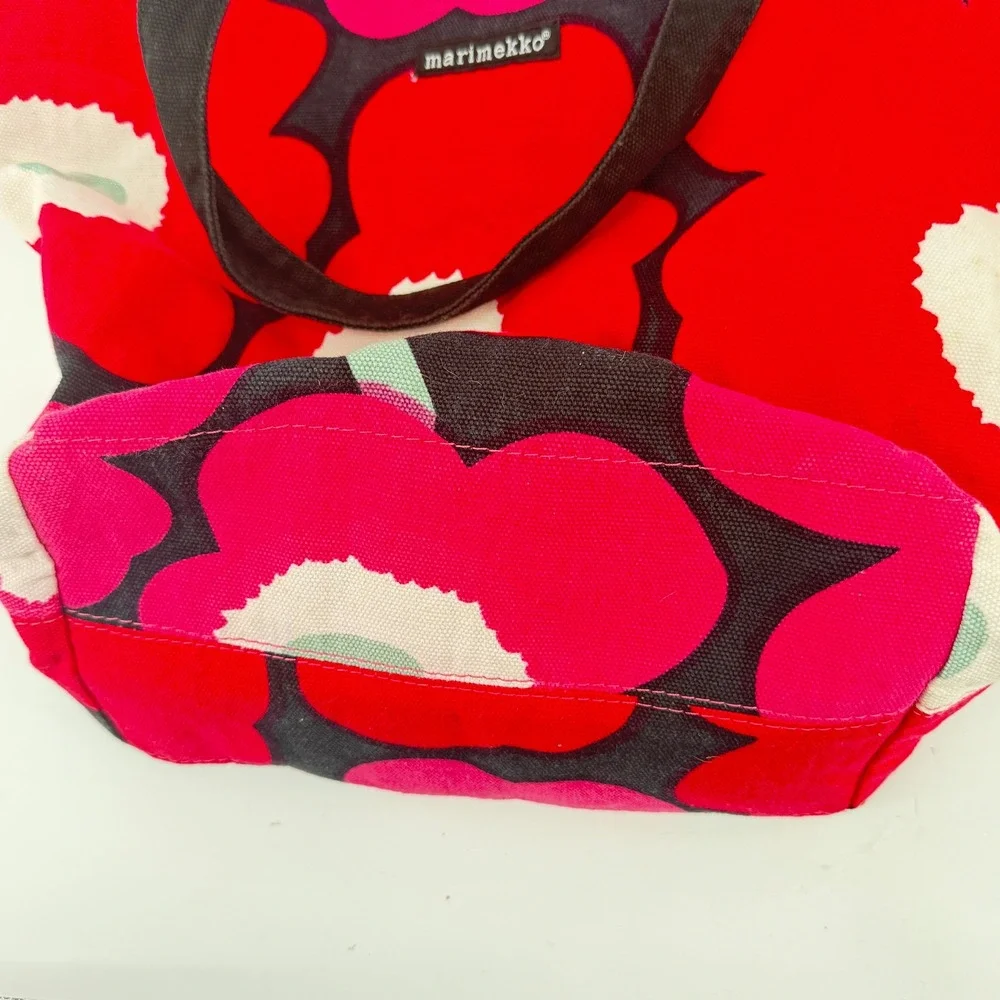 Marimekko Unikko Floral Tote Bag Womens Red Pink Canvas Zipper Shoulder Bag